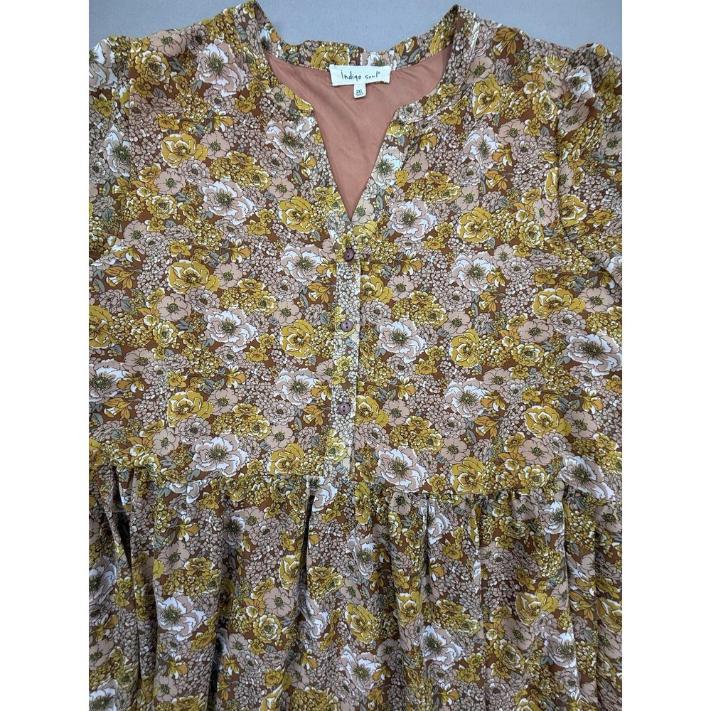 Indigo Soul Dress Women's 2XL Brown Yellow Floral Boho Short Babydoll Hippie - Picture 4 of 13